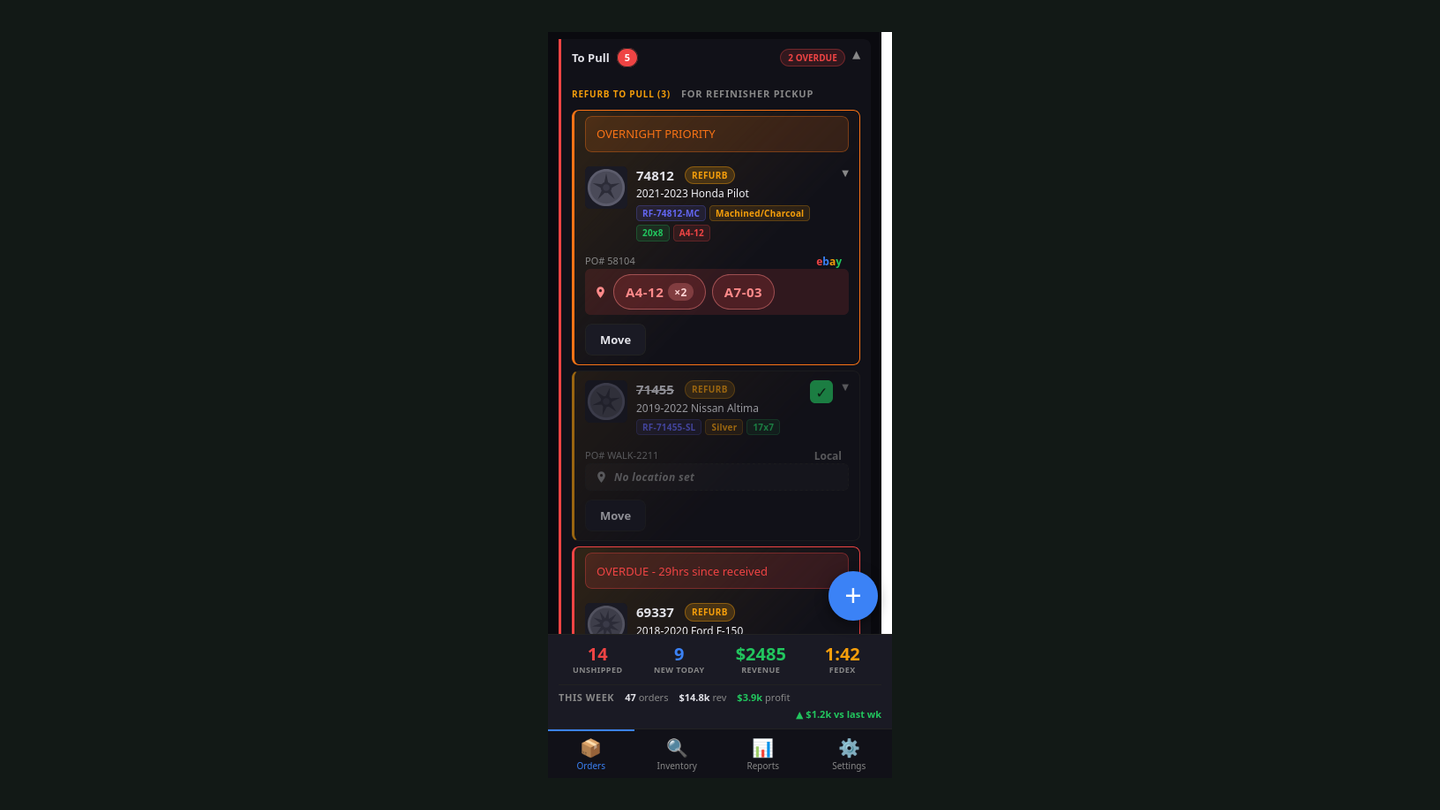 The orders pipeline: every order as a card, moving left to right as the day happens.